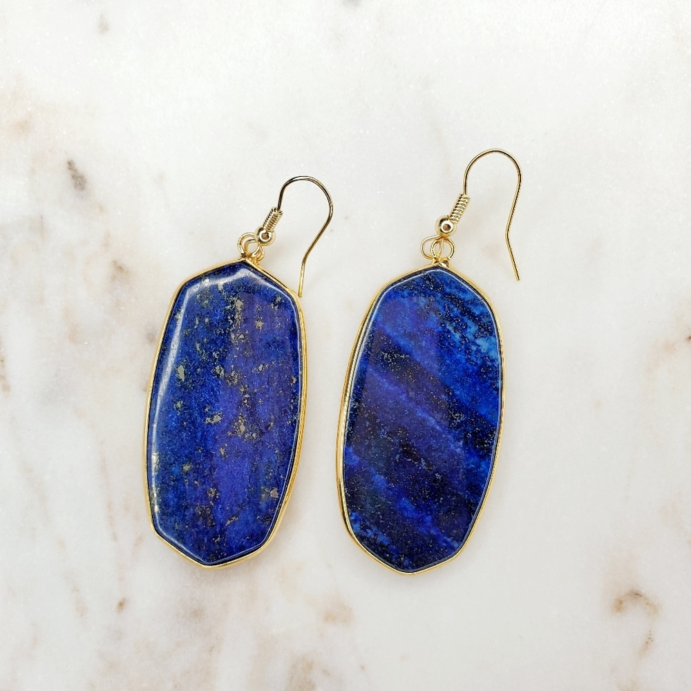Lapis Lazuli Oval Drop Earrings Gold Tone - Picture 1 of 2